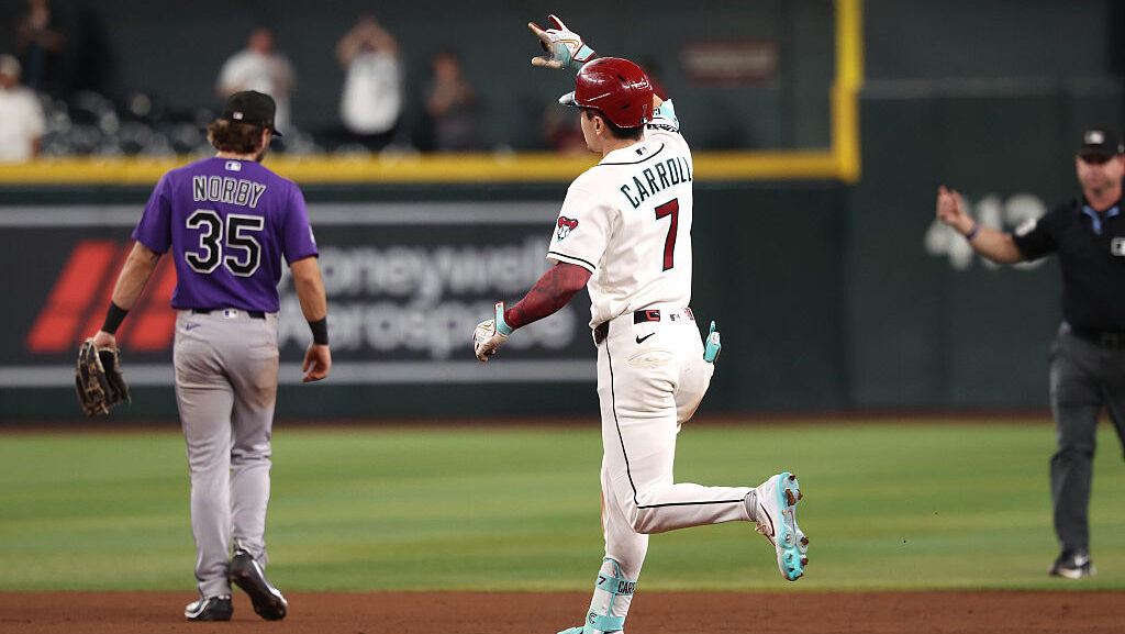 Corbin Carroll #7 of the Arizona Diamondbacks...
