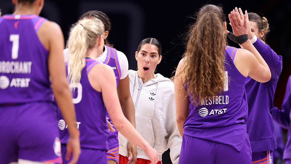 PHOENIX, ARIZONA - AUGUST 29: Kelsey Plum #0 of the Phoenix Mercury reacts during a timeout in the ...