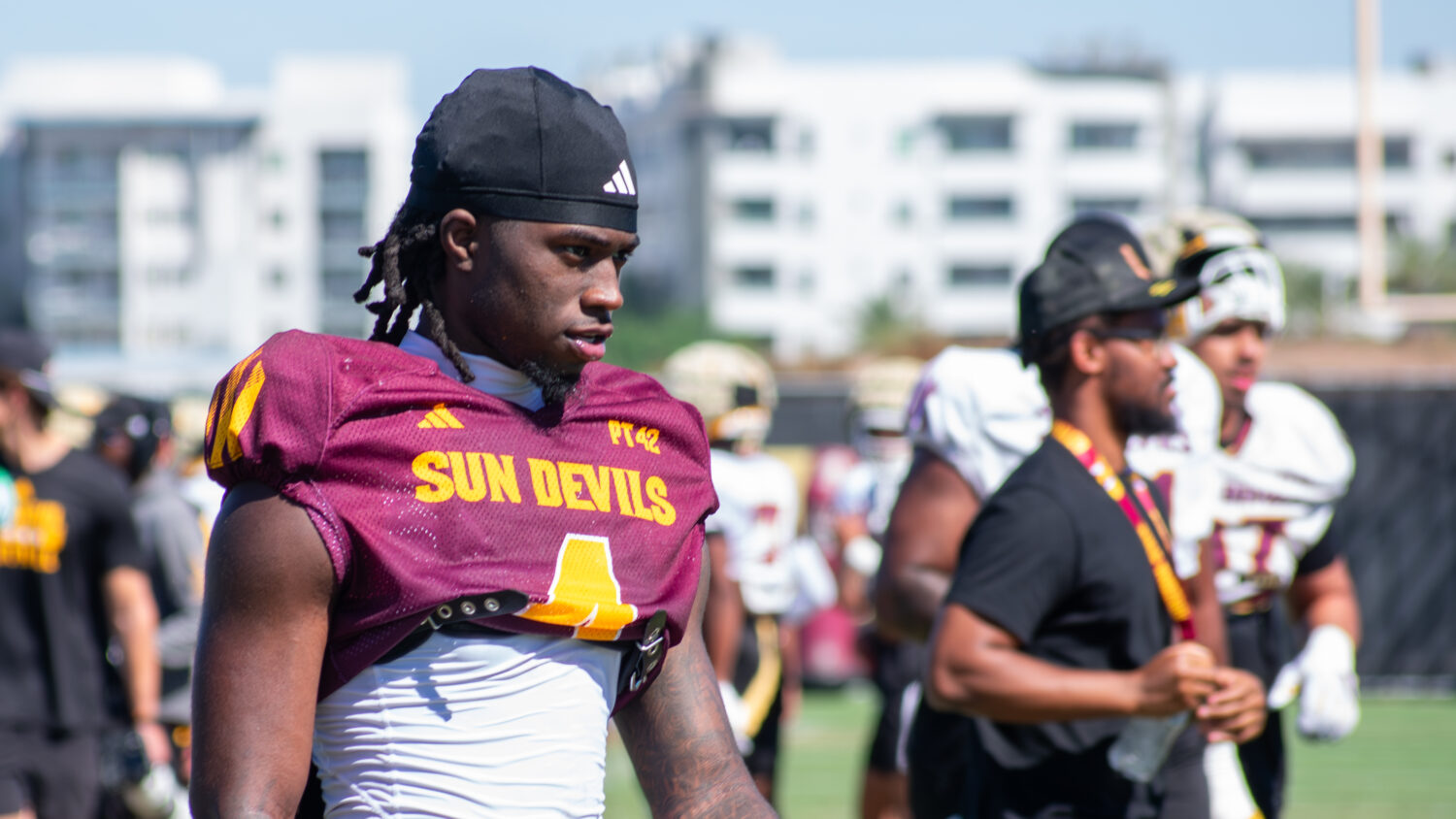 Arizona State wide receiver Omarion Miller at practice on March 24, 2026, in Tempe, Arizona....