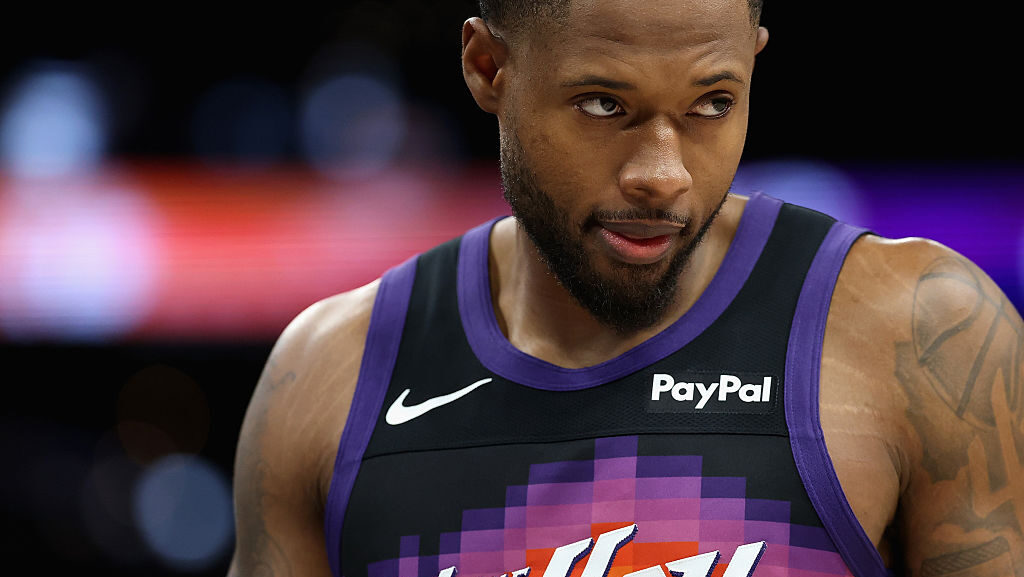 Haywood Highsmith #7 of the Phoenix Suns during the first half of the NBA game...