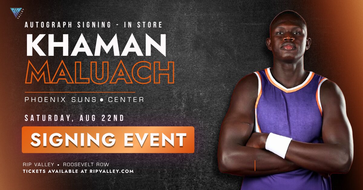 Phoenix Suns center Khaman Maluach stands with his arms crossed in a purple Suns jersey. Text reads...