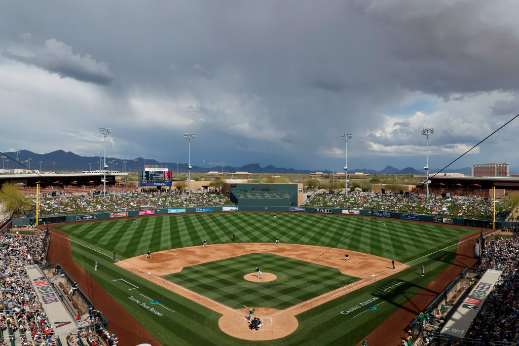 A general overview during an MLB spring training game between the Arizona Diamondbacks and the Oakl...
