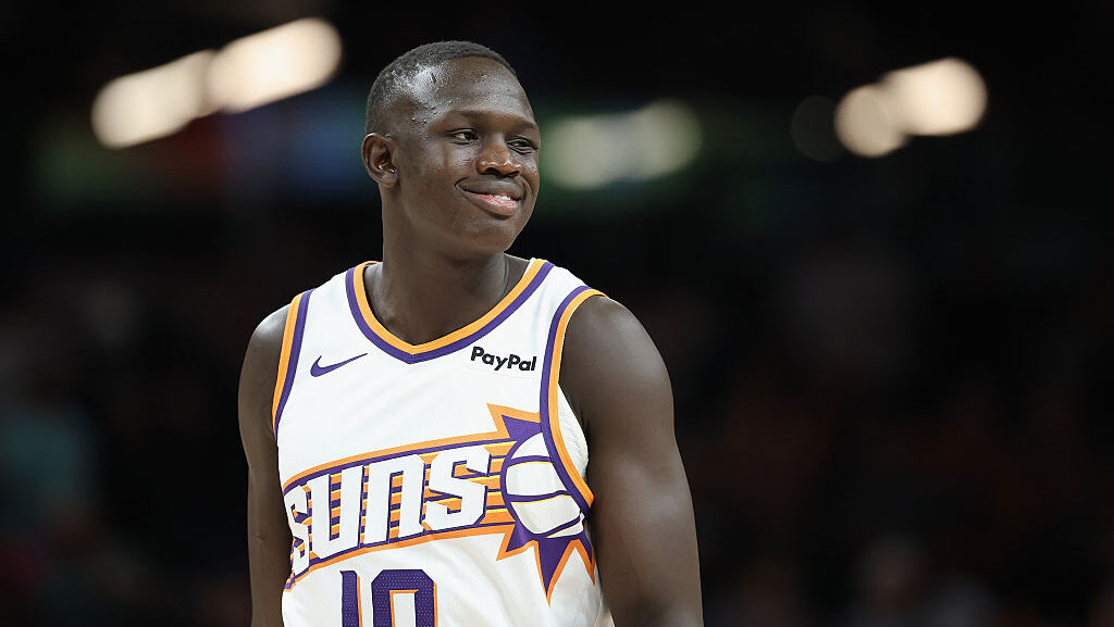 Khaman Maluach #10 of the Phoenix Suns during the second half of the NBA game at Mortgage Matchup C...
