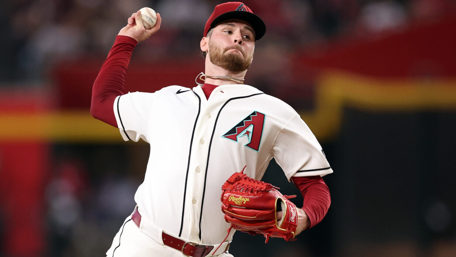 Starter Ryne Nelson #19 of the Arizona Diamondbacks pitches against the Los Angeles Angels during t...