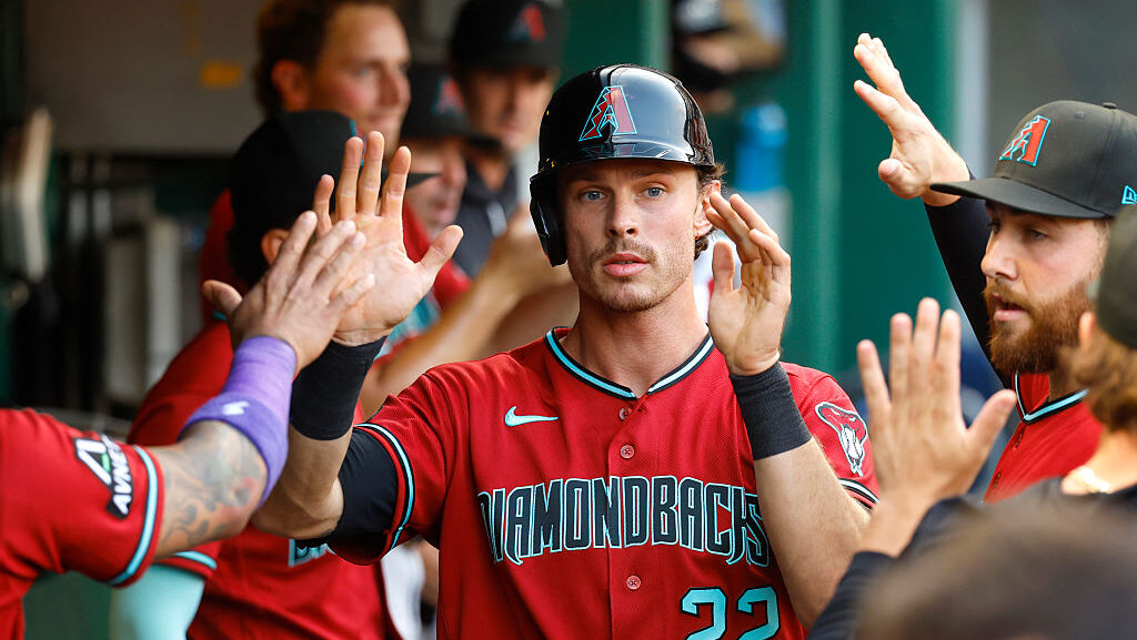 PITTSBURGH, PA - JULY 28: Max Kepler #22 of the Arizona Diamondbacks celebrates after scoring on a ...