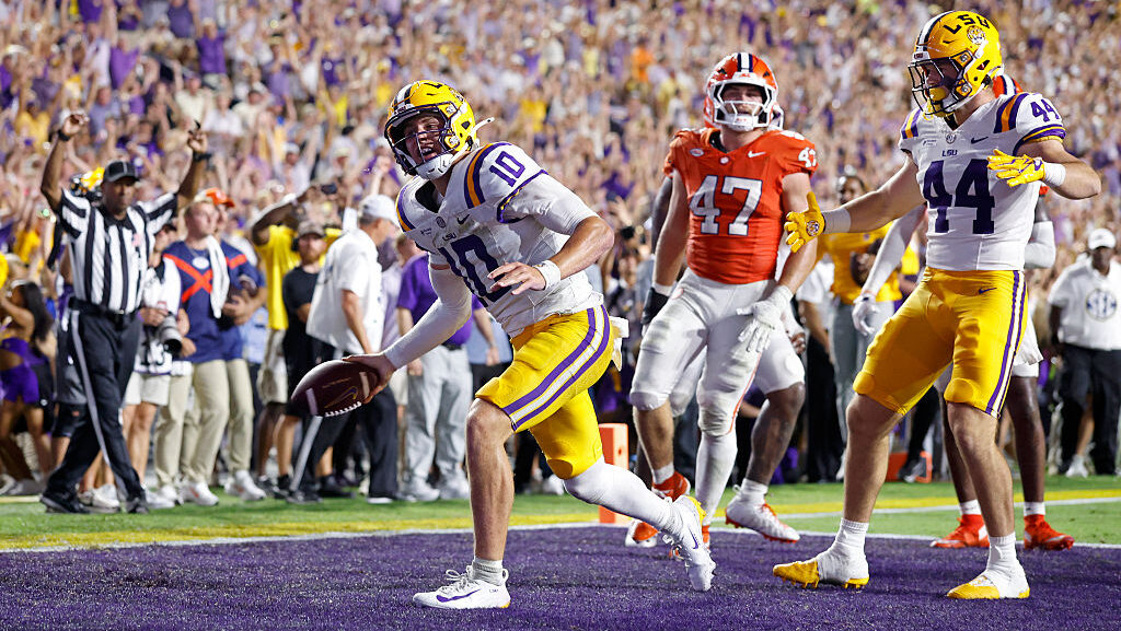Quarterback Sam Leavitt #10 of the LSU Tigers celebrates after scoring a touchdown....