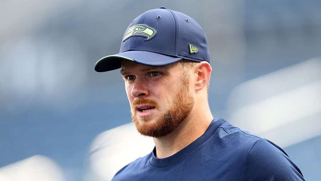 Sam Darnold #14 of the Seattle Seahawks looks on prior to the game against the New England Patriots...
