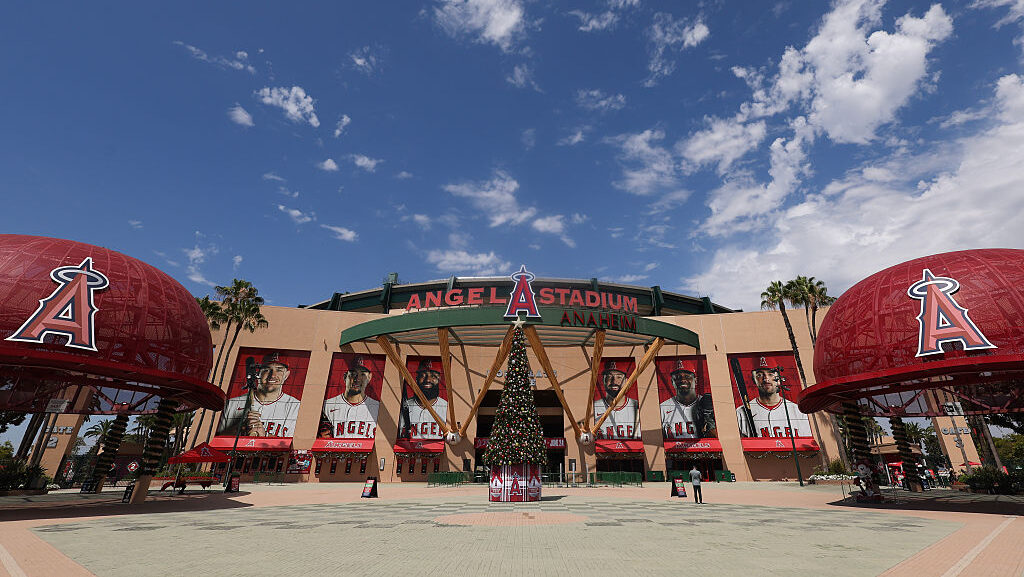 A general view prior to a game between the Los Angeles Angels and the Baltimore Orioles at Angel St...